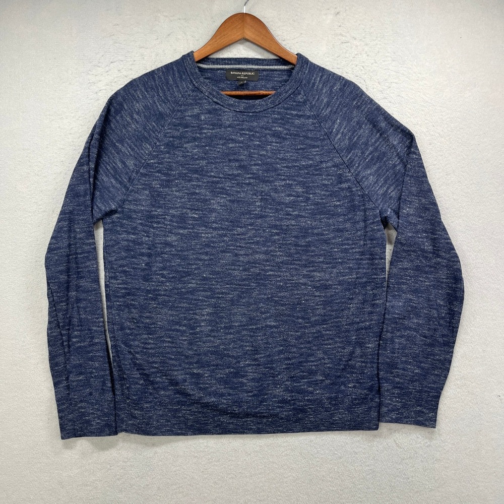 Banana Republic Eco Sweater Mens Large Blue Marled Raglan Crew Preppy Pullover